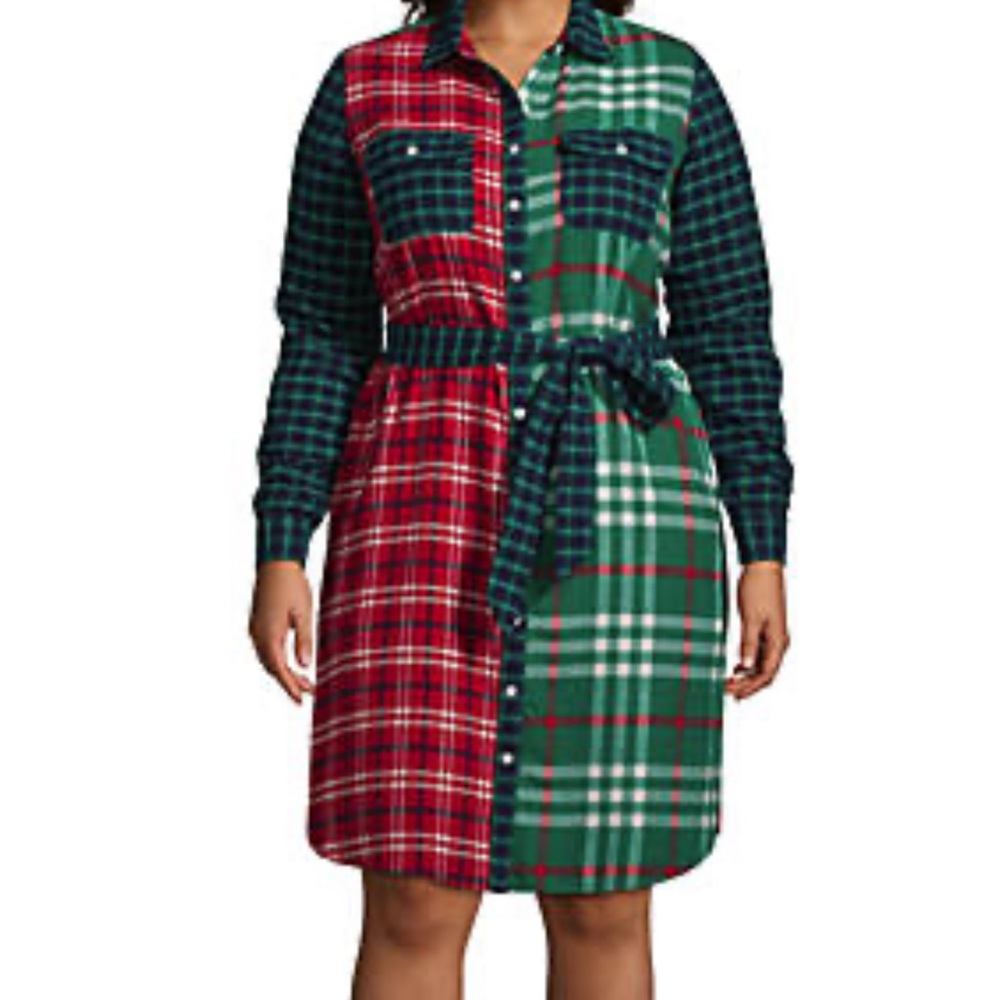 Lands' End Red and Black Buttoned Tie Front Long Sleeve Dress